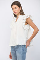 FATE Ruffled Short Sleeves Crochet Tape V Neck Flowy Top in Off White