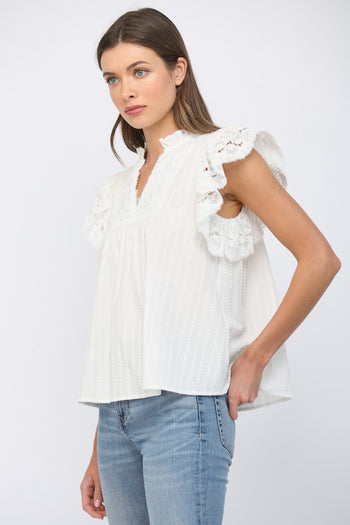 FATE Ruffled Short Sleeves Crochet Tape V Neck Flowy Top in Off White