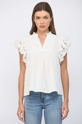 FATE Ruffled Short Sleeves Crochet Tape V Neck Flowy Top in Off White