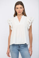 FATE Ruffled Short Sleeves Crochet Tape V Neck Flowy Top in Off White
