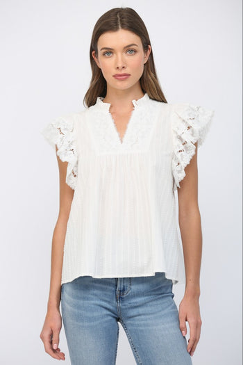 FATE Ruffled Short Sleeves Crochet Tape V Neck Flowy Top in Off White