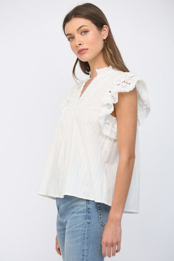 FATE Ruffled Short Sleeves Crochet Tape V Neck Flowy Top in Off White