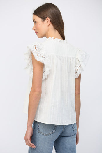 FATE Ruffled Short Sleeves Crochet Tape V Neck Flowy Top in Off White