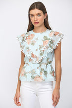 Load image into Gallery viewer, FATE Floral Peplum Top With Edge Wave Tape in Icy Blue Multi
