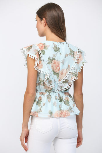 FATE Floral Peplum Top With Edge Wave Tape in Icy Blue Multi