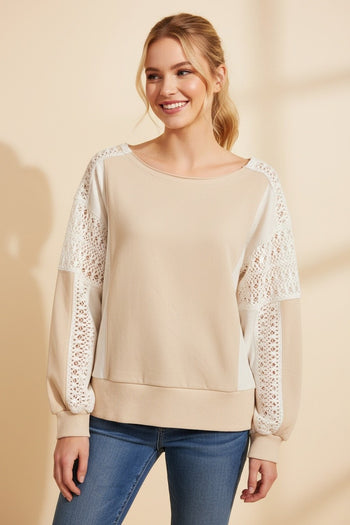 Heimish Lace Panel Colorblock Sweatshirt in Oatmeal