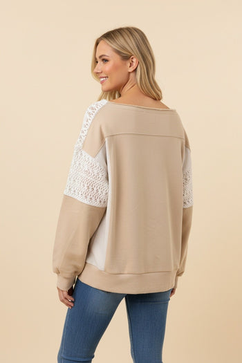 Heimish Lace Panel Colorblock Sweatshirt in Oatmeal