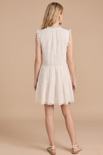J.nna Eyelet Lace Trim Tiered Mini Dress in Cream