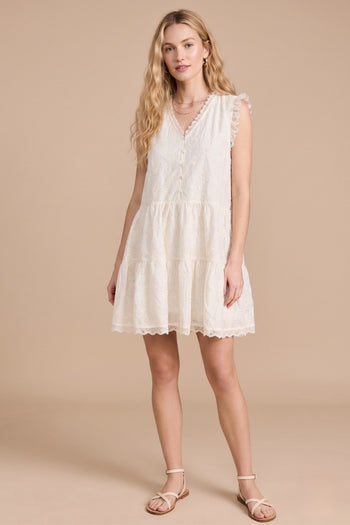 J.nna Eyelet Lace Trim Tiered Mini Dress in Cream 2XL