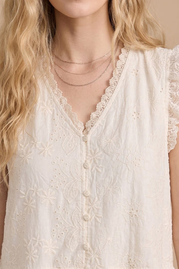 J.nna Eyelet Lace Trim Tiered Mini Dress in Cream