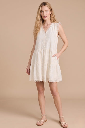 J.nna Eyelet Lace Trim Tiered Mini Dress in Cream L at June Adel