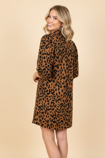 Heimish Animal Print Voluminous Sleeve Tunic Mini Dress in Caramel