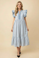 Heimish Vertical Stripe Flutter Sleeve Tiered Midi Dress in Chambray