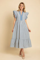 Heimish Vertical Stripe Flutter Sleeve Tiered Midi Dress in Chambray
