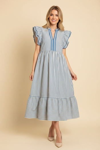 Heimish Vertical Stripe Flutter Sleeve Tiered Midi Dress in Chambray