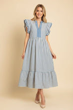 Load image into Gallery viewer, Heimish Vertical Stripe Flutter Sleeve Tiered Midi Dress in Chambray
