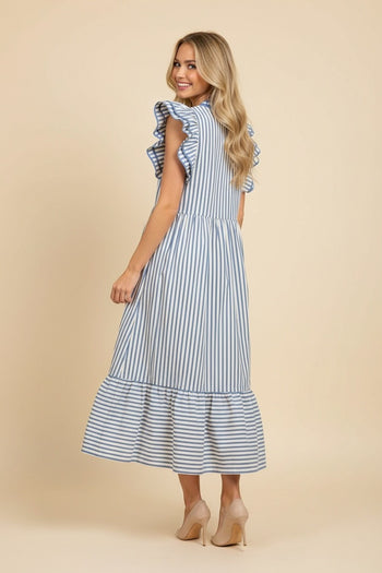 Heimish Vertical Stripe Flutter Sleeve Tiered Midi Dress in Chambray