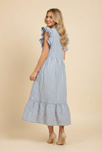 Load image into Gallery viewer, Heimish Vertical Stripe Flutter Sleeve Tiered Midi Dress in Chambray
