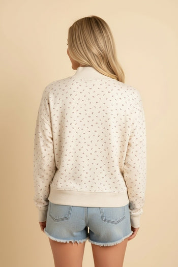 Heimish Ditsy Floral Mock Neck Drop Shoulder Pullover Top in Cream