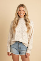 Heimish Ditsy Floral Mock Neck Drop Shoulder Pullover Top in Cream