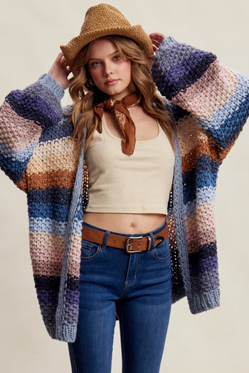 Listicle Rainbow Hand Crochet Cardigan in Slate Blue
