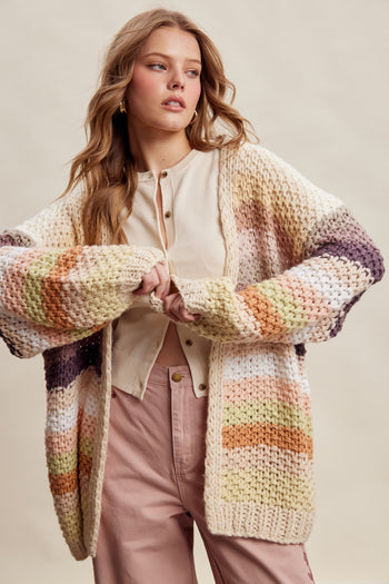 Listicle Rainbow Hand Crochet Cardigan in Ecru