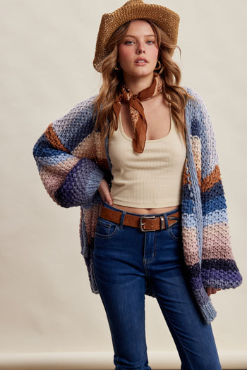 Listicle Rainbow Hand Crochet Cardigan in Slate Blue