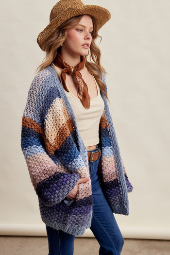 Listicle Rainbow Hand Crochet Cardigan in Slate Blue