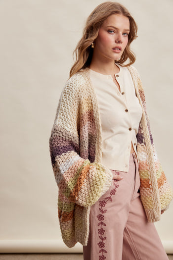 Listicle Rainbow Hand Crochet Cardigan in Ecru