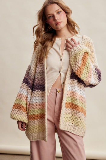 Listicle Rainbow Hand Crochet Cardigan in Ecru