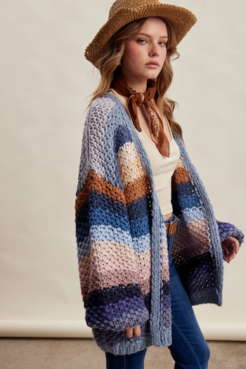 Listicle Rainbow Hand Crochet Cardigan in Slate Blue