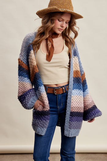 Listicle Rainbow Hand Crochet Cardigan in Slate Blue