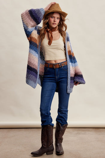 Listicle Rainbow Hand Crochet Cardigan in Slate Blue