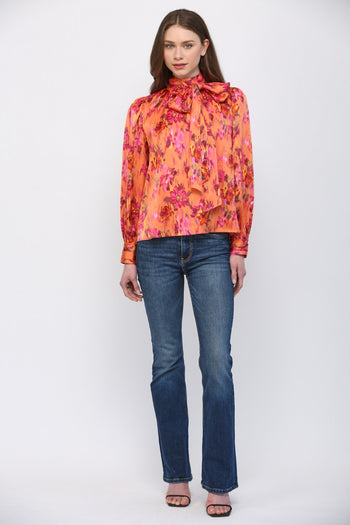 FATE Abstract Print Satin Blouse in Orange Multi