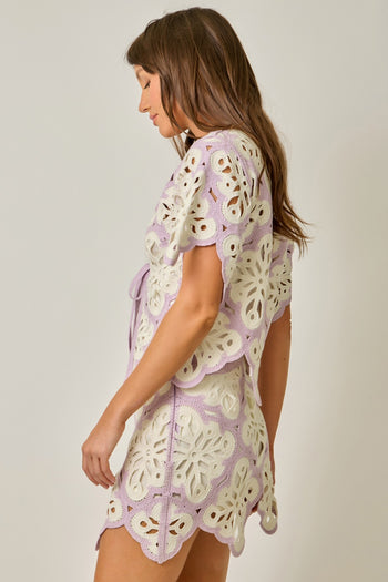 Mystree Crochet Scallop Hem Cardigan in Soft Orchid (TOP ONLY)