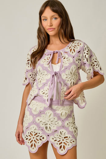 Mystree Crochet Scallop Hem Cardigan in Soft Orchid (TOP ONLY)