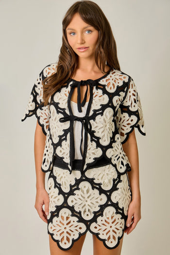 Mystree Crochet Scallop Hem Cardigan in Black (TOP ONLY)