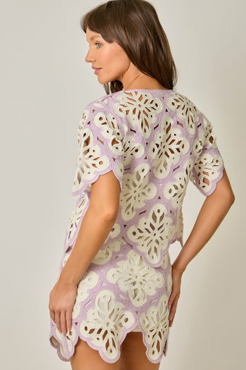 Mystree Crochet Scallop Hem Cardigan in Soft Orchid (TOP ONLY)