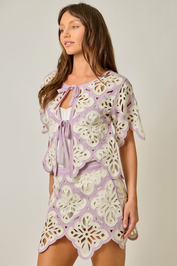 Mystree Crochet Scallop Hem Cardigan in Soft Orchid (TOP ONLY)
