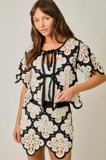Mystree Crochet Scallop Hem Cardigan in Black (TOP ONLY)