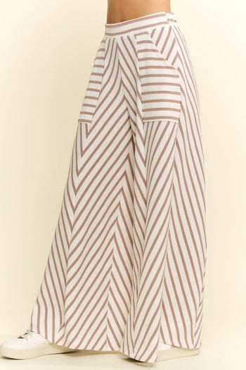 Jade by Jane Contrasting Stripe Wide Leg Flowy Pants in Taupe
