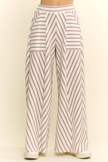 Jade by Jane Contrasting Stripe Wide Leg Flowy Pants in Taupe
