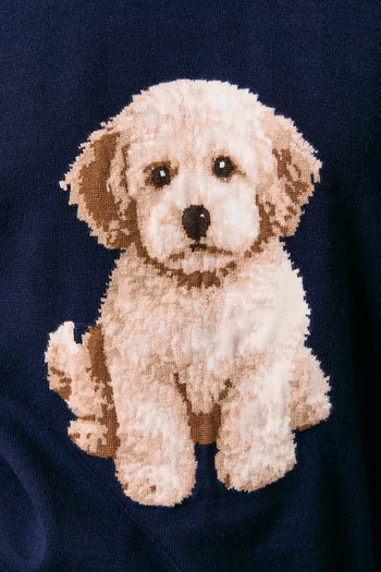 Le Lis Knit Sweater with Goldendoodle Puppy Graphic Front in Navy