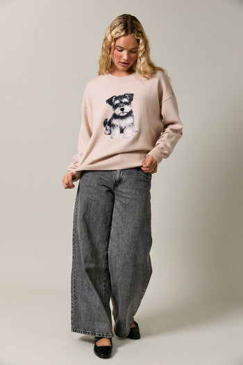 Le Lis Knit Sweater with Schnauzer Puppy Graphic Front in Beige