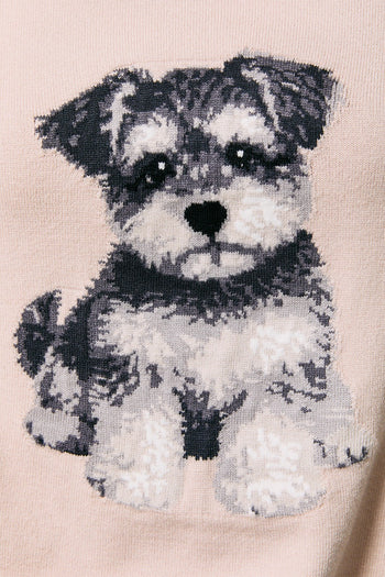 Le Lis Knit Sweater with Schnauzer Puppy Graphic Front in Beige