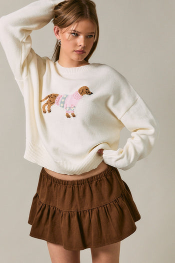 Le Lis Dog in a Sweater Graphic Knit Sweater in Ivory