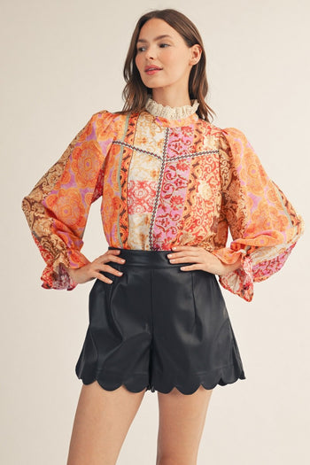 Jodifl Eyelet Ruffled Neckline Baroque Floral Top in Red/Neon Pink