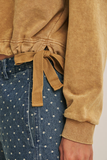 In February Soft Faded Mineral Washed Sweatshirt With Cinched Waist in Camel
