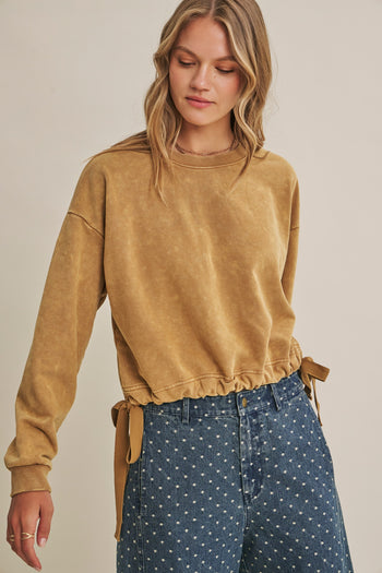 In February Soft Faded Mineral Washed Sweatshirt With Cinched Waist in Camel