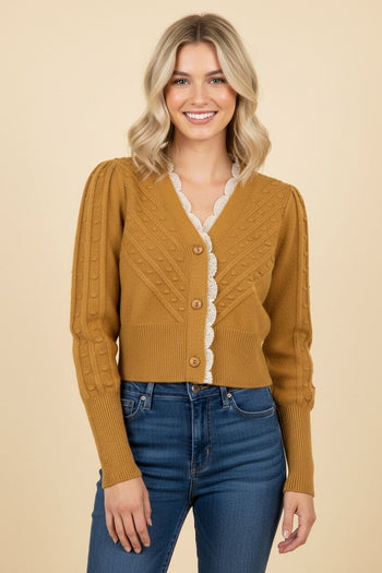 Heimish Lace Trim Button Front Knit Cardigan in Mustard